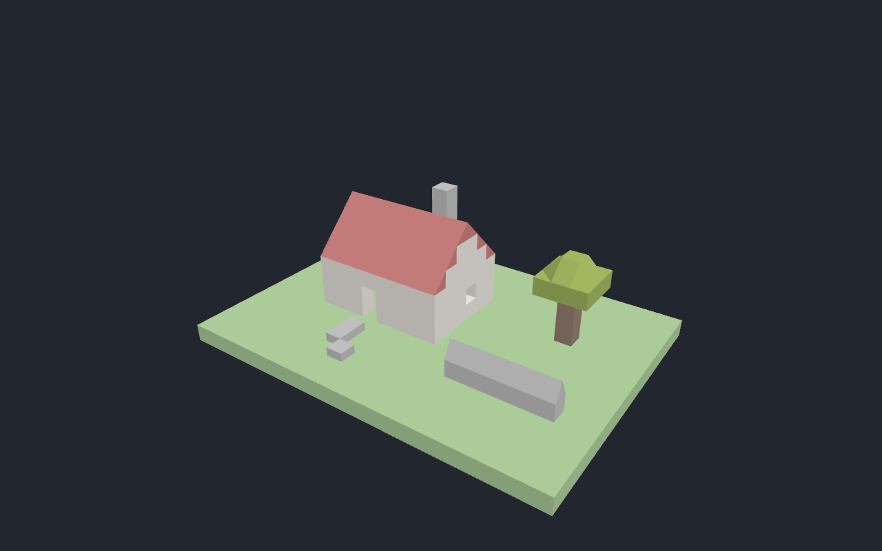 A low-poly house scene made from shaped voxel forms.